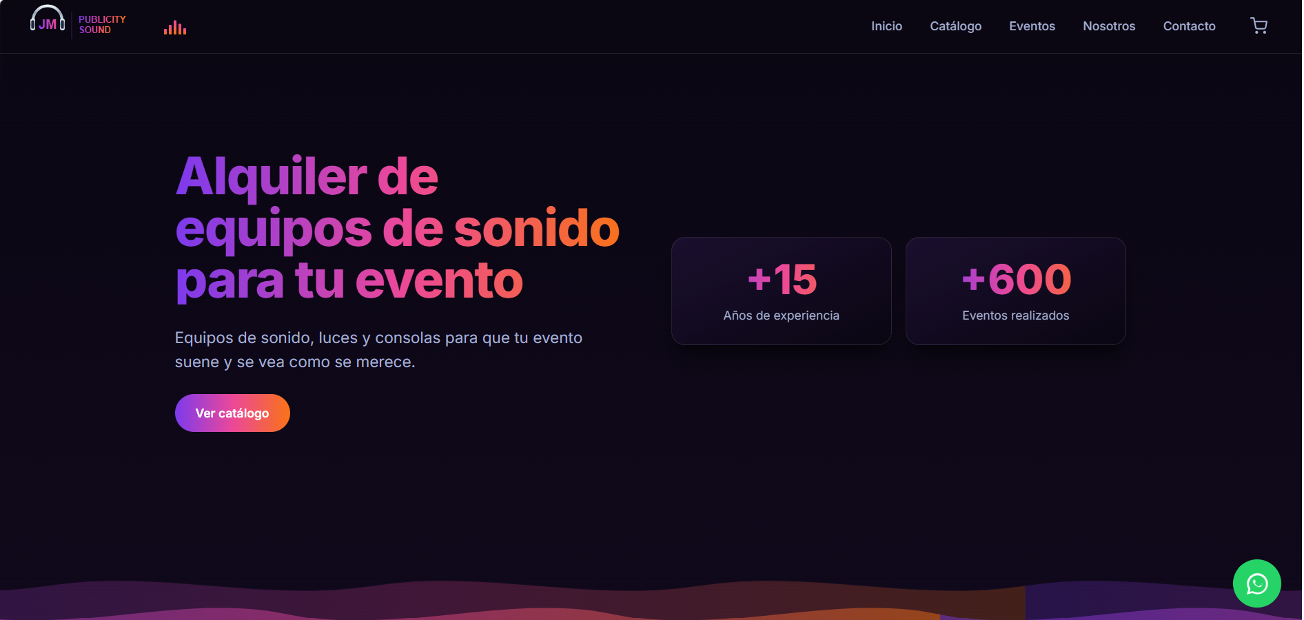 Página de inicio de JM Publicity Sound, con estadísticas de años de experiencia y eventos realizados