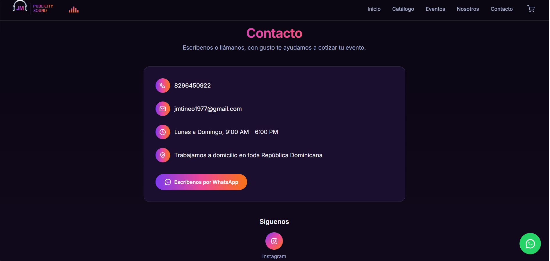 Página de contacto de JM Publicity Sound, con teléfono, correo y botón de WhatsApp